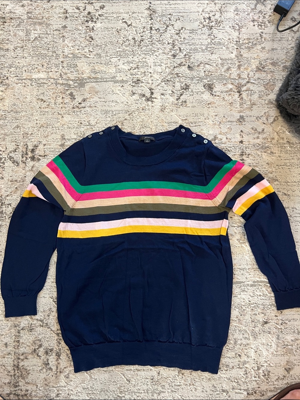 JCrew Navy Striped Crewneck Sweater with Colorful Chevron Stripes